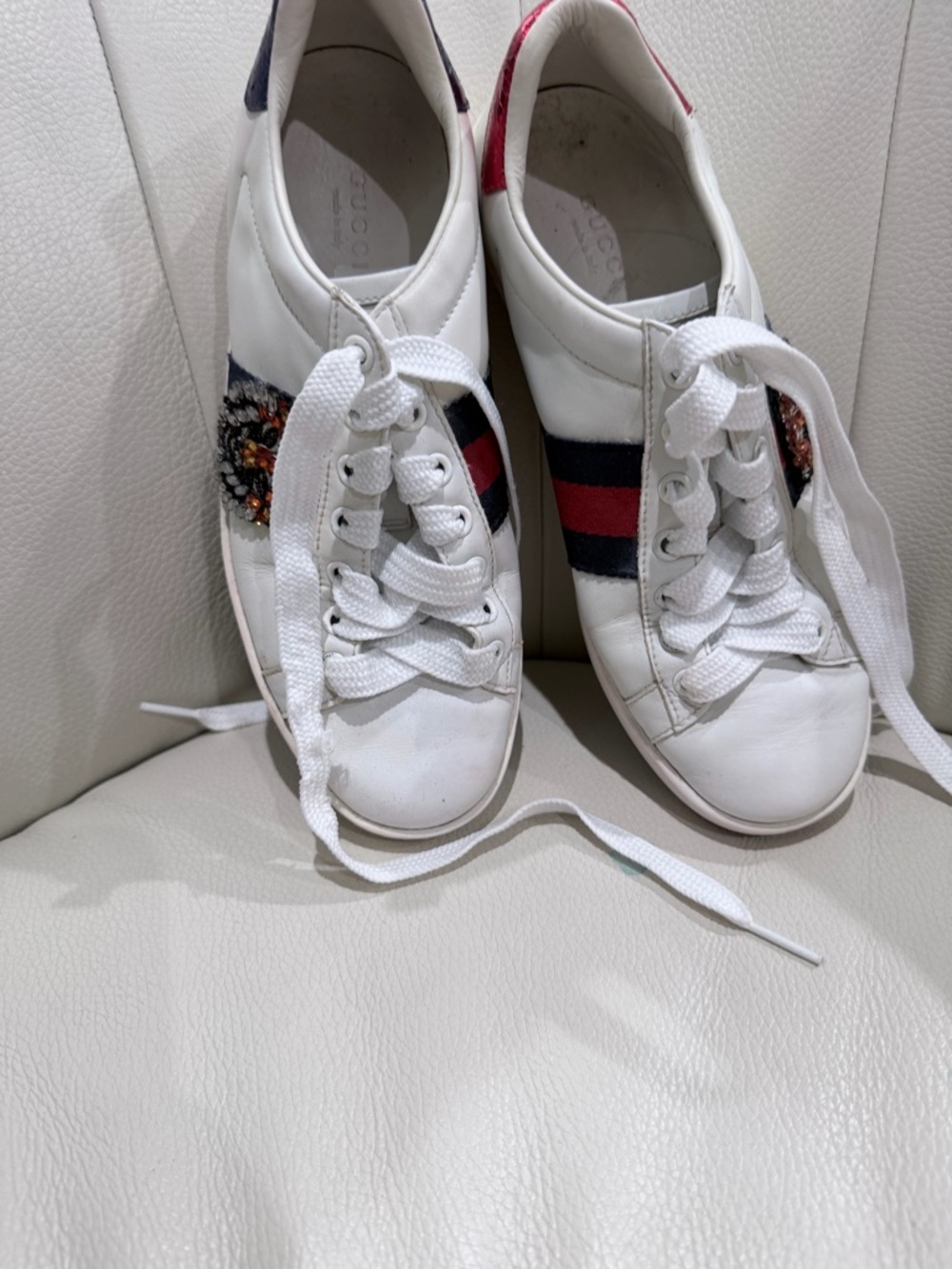 Gucci White Leather Sneakers with Red & Navy Web and Embellishment - Picture 2 of 6